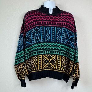 Vintage 80s Esprit Sport Men’s Sweater L‎ Neon Multicolor Fair Isle Cotton Retro